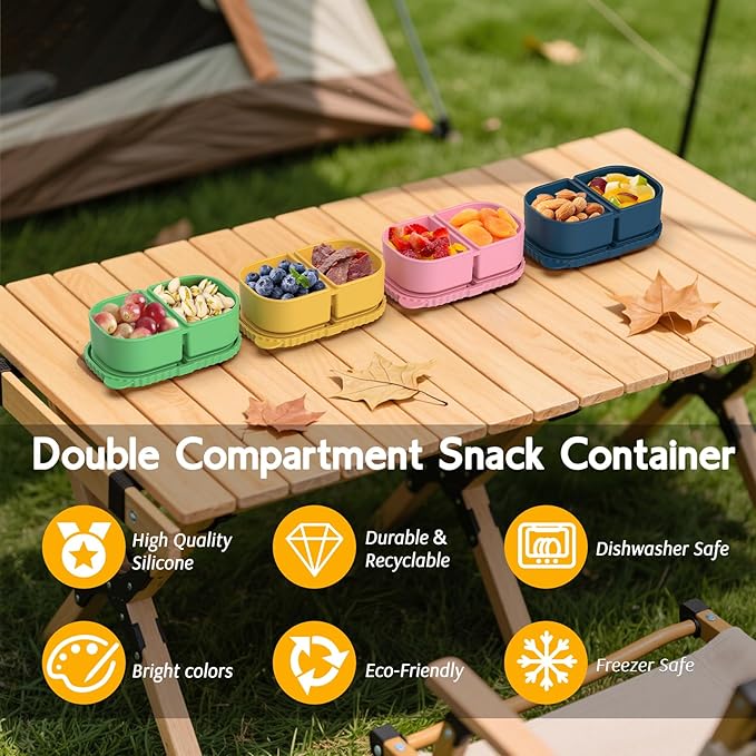 ICEROYCE 4 Pack Silicone Snack Containers with Lids, Double Compartment Snack Containers for Sauce, Reusable Silicone Food Storage Box for Lunch Office Travel