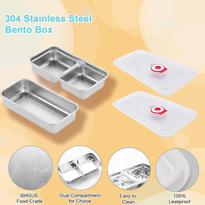 304 Stainless Steel Snack Containers,100% Leadproof, Grab and Go Snack Containers, Food Grade, for Travel and Outdoor Camping, Double Compartment Design,1 Piece