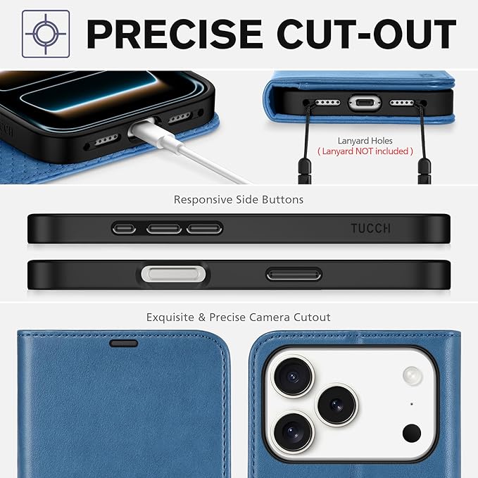 TUCCH Wallet Case for iPhone 17 Pro (6.3") 2025, 4 Card Slots, RFID Blocking, Stand, Shockproof TPU Shell, PU Leather, Magnetic Closure, Protective Flip Folio Cover, Light Blue