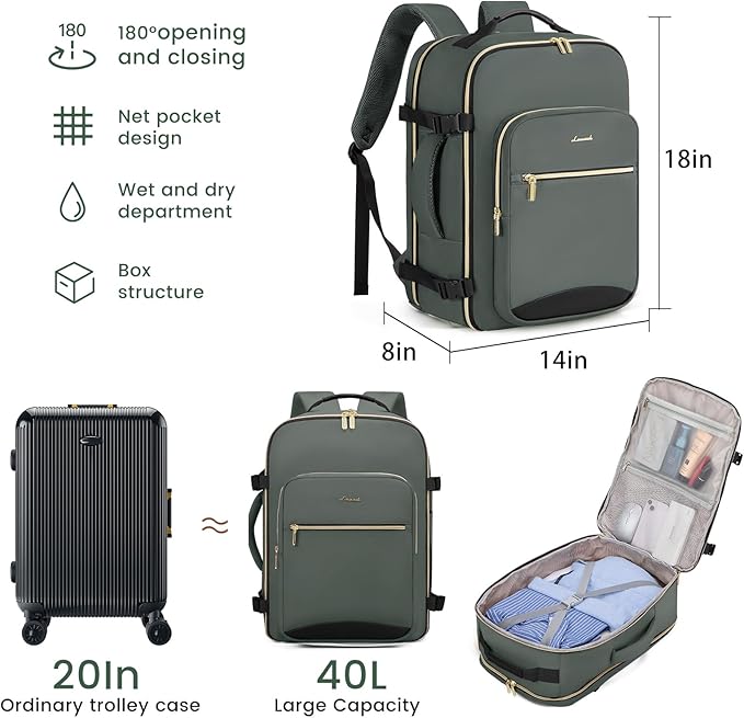 LOVEVOOK 40L Large Travel Backpack for Women Men, 17 Inch Carry on Backpack for Traveling on Airplane, Personal Item Travel Bag Airline Approved, Business Causal Weekender Backpack, Grey Green-Black