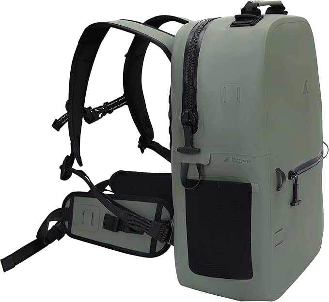 Breakwater Supply™ River Ute Waterproof IP68 Fishing Backpack, Floating TPU Submersible Dry Bag with Padded Hip Belt and Airtight Zippers | 20L (River Ute 20L Marsh Green)