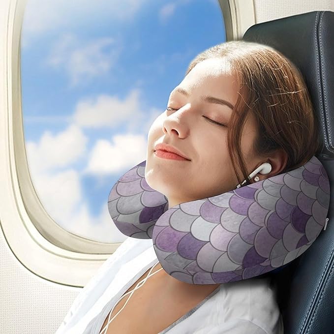 Men’s Comfort U-Shaped Neck Pillow Memory Foam Travel, Sparking Mermaid Fish Scales Purple U-Shape, Breathable Car Airplane Support