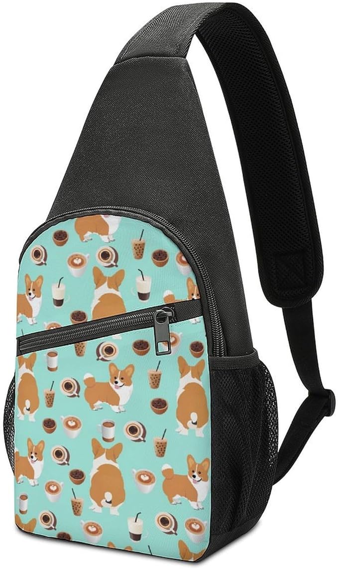 SWEET TANG Fashion Sling Backpack, Lightweight Sling Shoulder Bag, Outdoor Chest Crossbody Bike Gym Runner Daypack with Adjustable Strap for Men Women, Shiba Inu Coffee Print Dog And Coffees