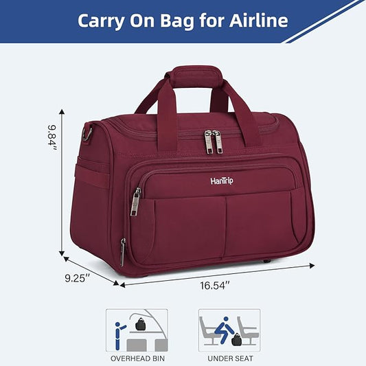 HanTrip Carry on Duffel Bag Foldable Duffle Bags for Travel, Under Seat Personal Item Bags for Airplanes, Weekender Overnight Mens Travel Tote Bag for Women Small Softside Carry on Luggage (Burgundy)