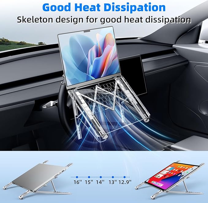 Angle Adjustable Car Steering Wheel Laptop Holder,Foldable Laptop Stand for car,Metal Car Notebook Riser | Car Reading Stand | Car Tablet Holder, Multipurpose Travel Car Accessories (Silver)
