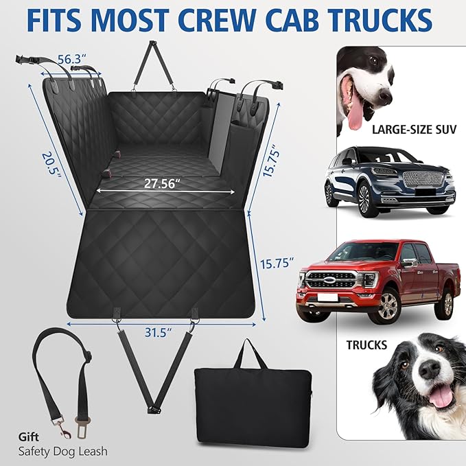 XL Truck Back Seat Extender for Dogs, Dog Seat Cover Back Seat Holds 420lbs, Hard Bottom Pet Seat Covers for Crew Cab Trucks, Dog Hammock for F150, RAM1500, Sierra, Tundra, Silverado, Titan Black