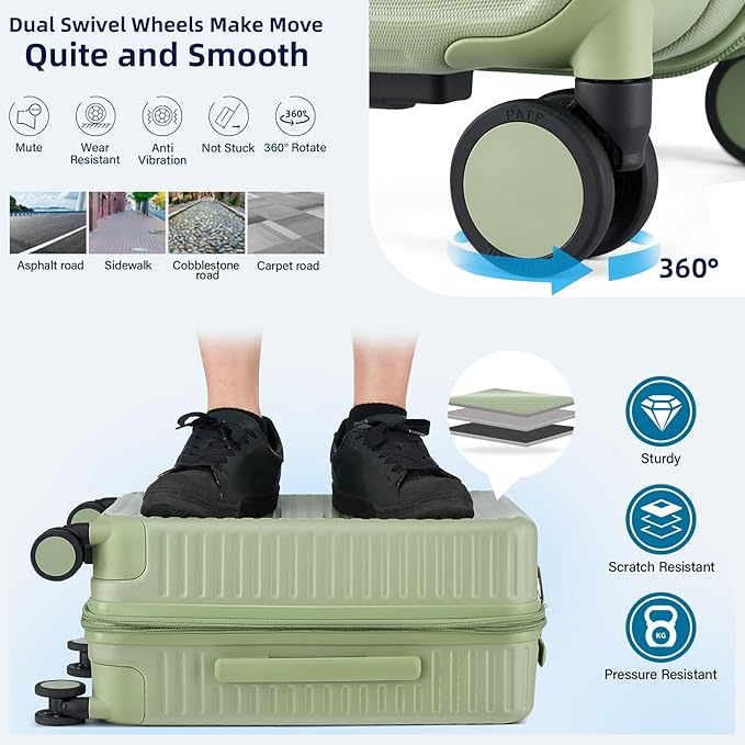 Hard Shell Suitcases Travel Expandable Luggage, 24 Inch Check in Luggage with Spinner Wheels Cup Holder Charger Built in, Checked Medium Suitcase Lightweight Suitcases, Bamboo Green