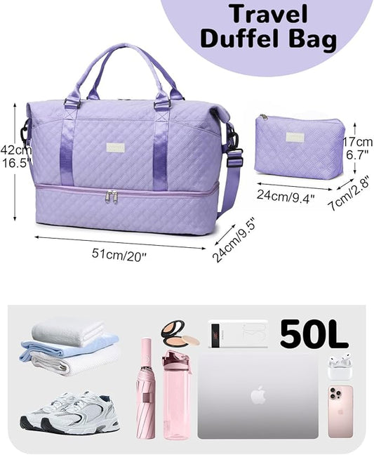 50L Large Travel Duffel Bag with Shoe Compartment & Toiletry Bag for Women, Carry on Bags with Wet Pocket, Purple