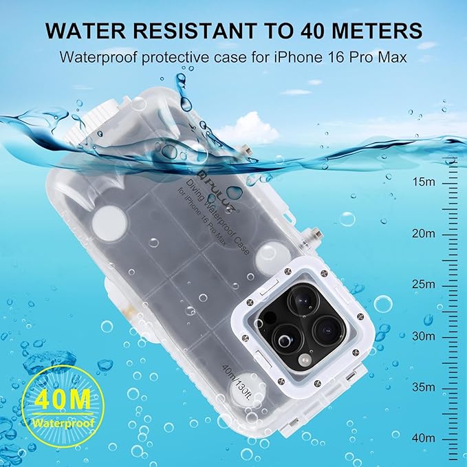 PULUZ Diving Waterproof Phone Case, Underwater Snorkeling Diving Case for iPhone 16 Pro Max, [130ft/40m] Professional Scuba Dive Waterproof Cover Photo Video Taking Housing