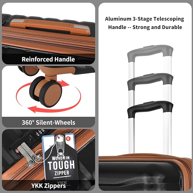 Lightweight Luggage with Spinner Wheels & YKK Zipper, 3-Piece Suitcase ABS+PC Hardside Hard Shell Luggage Set with TSA Lock, Black & Brown (20+24+28 inch)