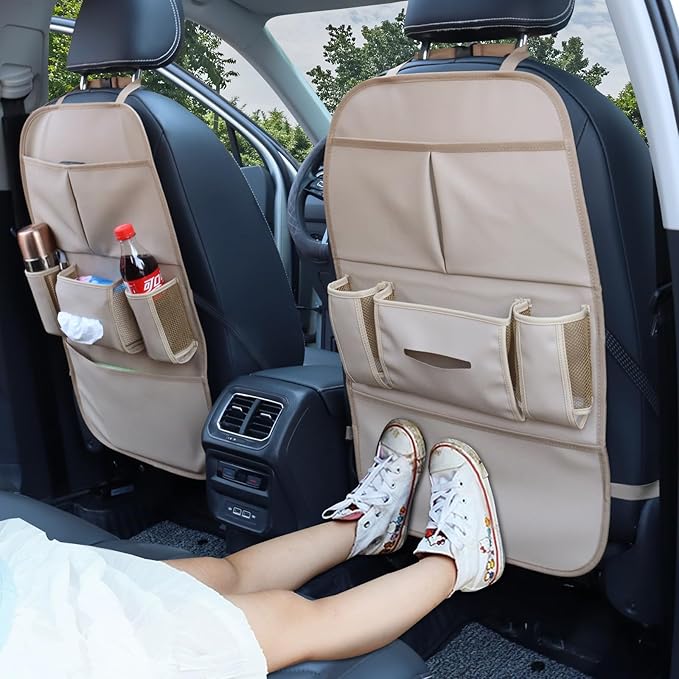 Car Backseat Organizer for Kids, Car Back Seat Storage Bag With 3 Pockets, 2 Drinks Holders, Water Resistant, Kids Toy Storage Kick Mat Back Seat Protector for Toddlers (Beige 1-Pack)