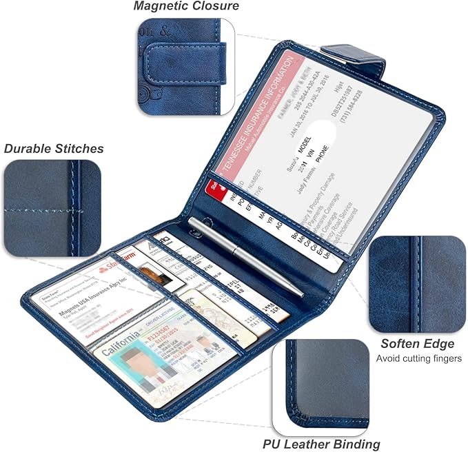 Car Registration and Insurance Holder, Folio Leather Vehicle Card Document Glove Box Organizer Auto Truck Compartment Accessories for Essential Information, Men&Women by YAVIV, Blue