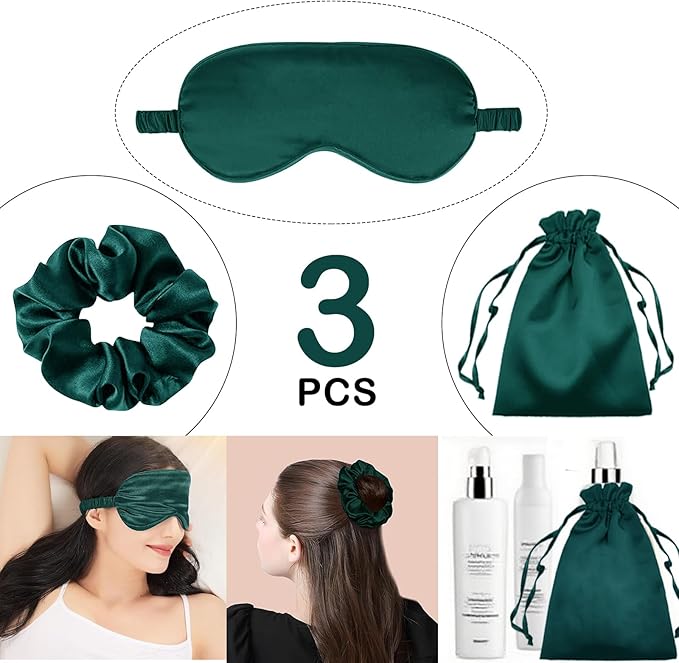 3Pcs Satin Eye Mask Silk Sleep Masks Set Silky Blindfold Eyeshade Blackout Eyes Cover Pouches Bag Scrunchy Wedding Gift
