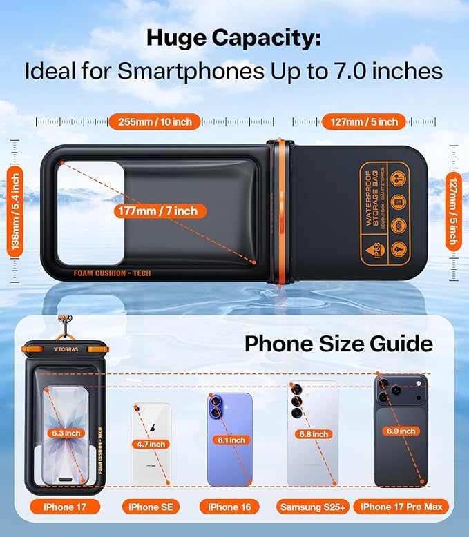 TORRAS IP68 Waterproof Phone Pouch Double Space, Floating Waterproof Phone Case with Lanyard for iPhone 17 Pro Max 16 15 14 S25 S24, Phone Dry Bag Vacation Cruise Ship Travel Essentials 7.0'', Black