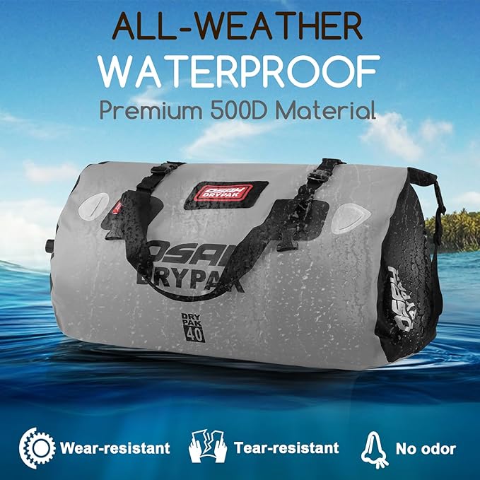 Waterproof Duffel Bag - Motorcycle Dry Bag Tail Bag with Large Storage Space, Waterproof Luggage Duffle Bags with Outer Mesh Zipper Pocket for Camping, Kayaking, Fishing & Traveling