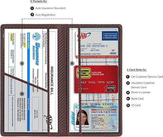 TOURSUIT Car Registration and Insurance Card Holder, Vehicle License Document Glove Box Compartment Organizer, Essential Car Wallet Case for Driver Auto Owners (Carbon Coffee)
