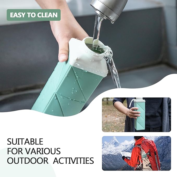 24oz Collapsible Water Bottles,Food grade BPA Free Reusable Foldable Water Bottle Lightweight LeakProof for Travel Hiking Camping Cycling Outdoor Sports,Collapses Folding Water Bottle,Green