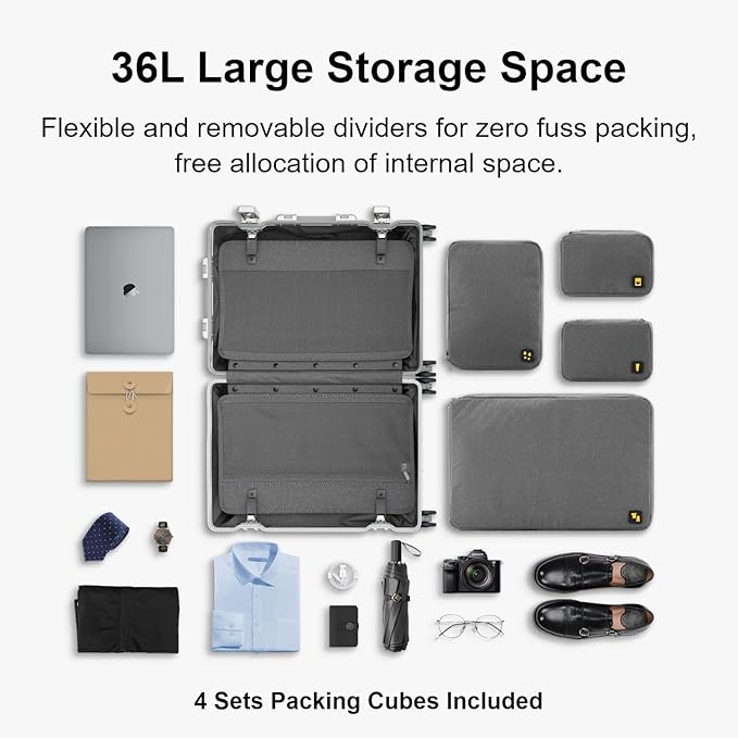 LEVEL8 Gibraltar Carry on Luggage, 20 Inch Aluminum Zipperless Luggages Airline Approved, Hardside Suitcase with TSA Lock and Spinner Wheels, Silver