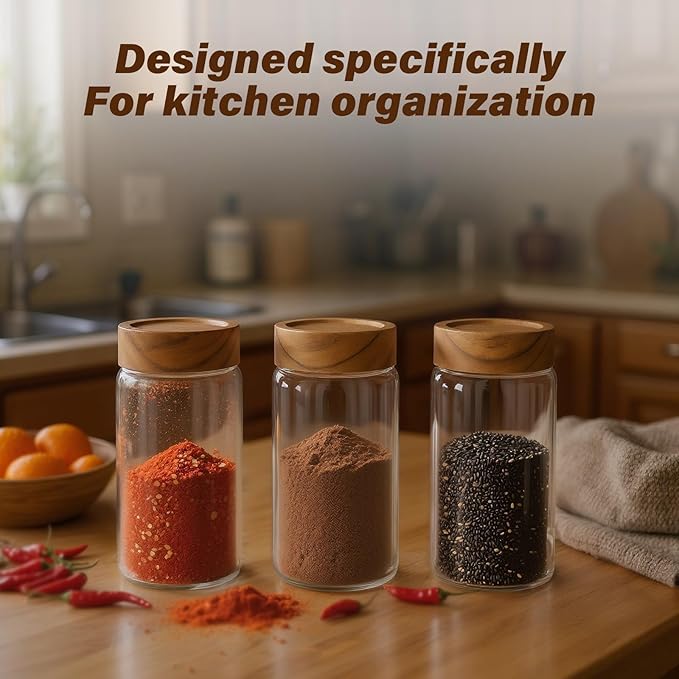 Zoaiirte 6 -Piece 13 oz Food-Grade Glass Mason Jars with Acacia Wood Lids, Sealable Waterproof, Transparent Easily Stackable for Overnight Oats, Spice Storage & Snack Organizing