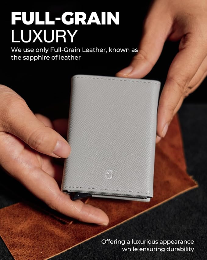 Jenoss Smart Wallet For Men & Women: Full Grain Leather, Handcrafted, Slide Metal Pop Up Case, Slim RFID Blocking Credit Card Holder Minimalist Compact 12 Cards Slot Organizers ID Clip (Grey & Black)