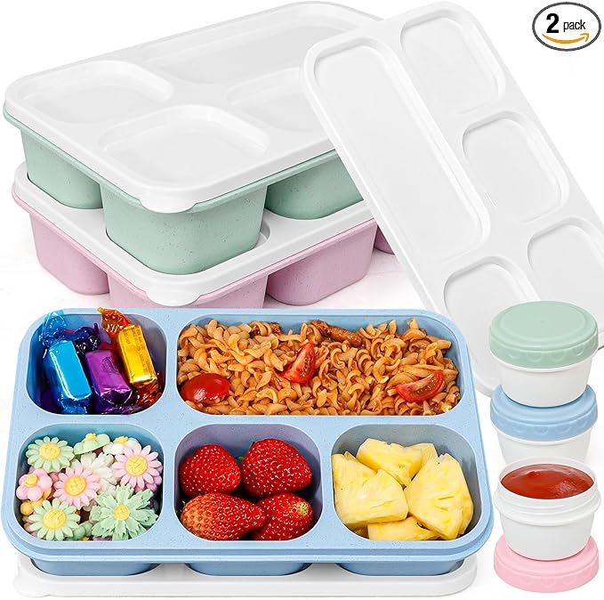 Caperci Bento Box Adult Lunchable Container - Reusable 3-Pack Snack Box Containers with 5-Compartment & 3pc Dressing Cups, BPA-Free Food Storage for Meal Prep, School, Work (Vintage Colors)