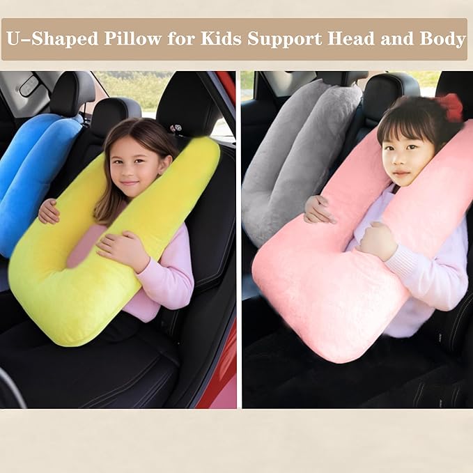 Kids Travel Pillow Car Pillow, Travel Pillow with Lining, Neck and Head Support Cushion for Kids and Adults, Perfect for Long Distance Travel, Car Seats, Airplanes, and Road Trips (Grey)