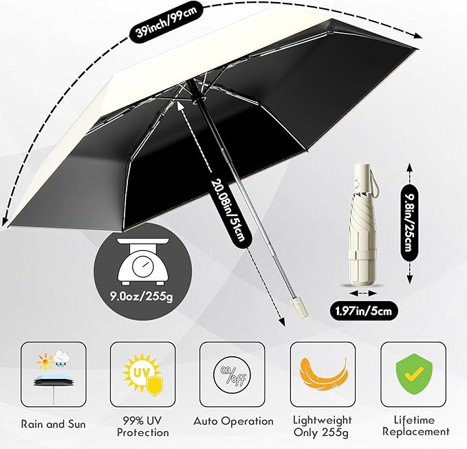 Automatic Mini Travel Windproof Folding Umbrella - UV Protection, Instant Open/Close for Rain/Sun, Small Compact Lightweight Design Fits in Tote Bag/Travel Case/Backpack for Commute, Women & Men
