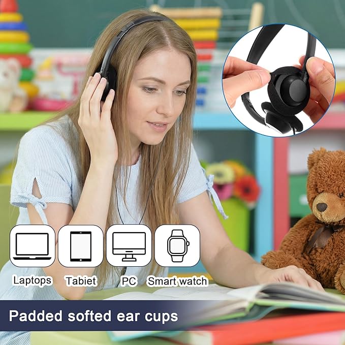 Yunsailing 20 Pack Bulk Headphones Set Over Ear Headphones with Adjustable Headband 3.5mm Plug Headsets Earphones for Learning Program, Computer Lab, Library, Testing & Multimedia Use (Black)