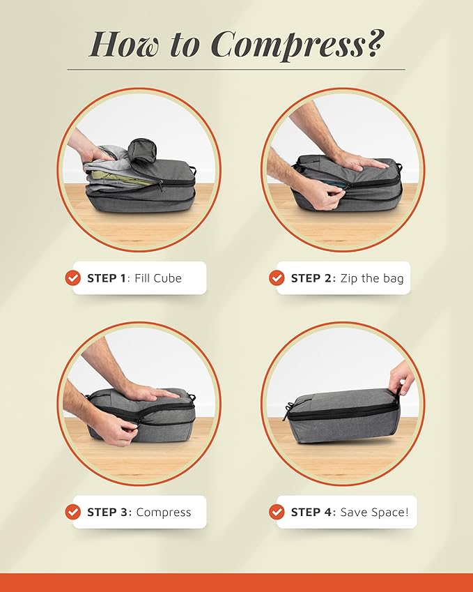 Compression Packing Cubes for Travel by TRIPPED – 6-Piece Premium Set with Laundry & Shoe Bag, Space Saving Travel Organizer Bags for Suitcase & Carry-On Luggage (Grey)