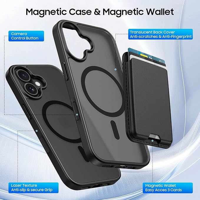 Ntwinro Magnetic for iPhone 16 Case (Compatible with MagSafe) with Detachable Wallet & Card Holder for 3 Cards [RFID Blocking] Military Grade Protective Slim Phone Cover, Black