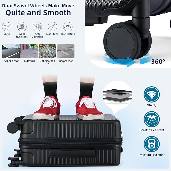 Hard Shell Suitcases Expandable Travel Luggage Sets 3 Piece, Carry on and Check in 3 Piece Luggage Suitcase Sets with Spinner Wheels Cup Holder Charger Built in (Black, 20/24/28)