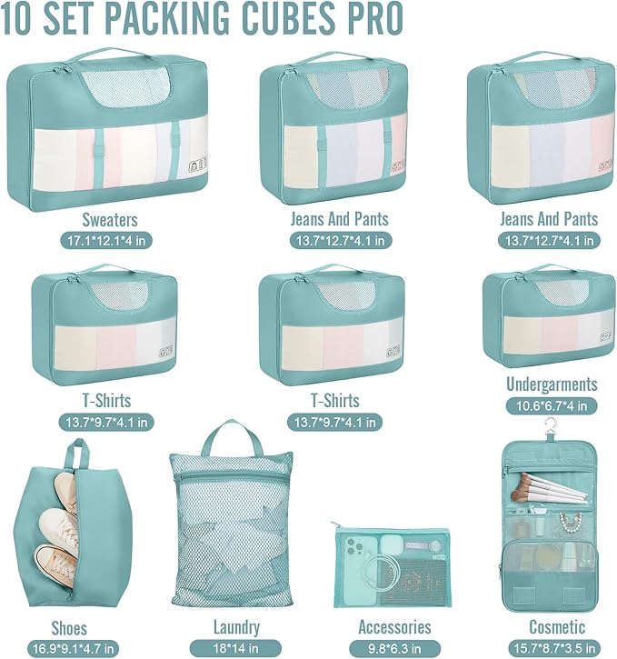 Veken 10 Set Packing Cubes for Travel Essential, Suitcase Organizer Bags in 4 Sizes, Carry-On Luggage Accessories with Large Laundry & Hanging Toiletry Bag, Must-Have for Airplane, Road Trip & Camping