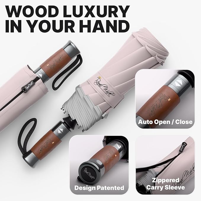 Royal Walk Windproof Folding Travel Umbrella Compact and Strong Luxurious Real Wood Handle Automatic Open Close Vented Double Canopy for Men and Women
