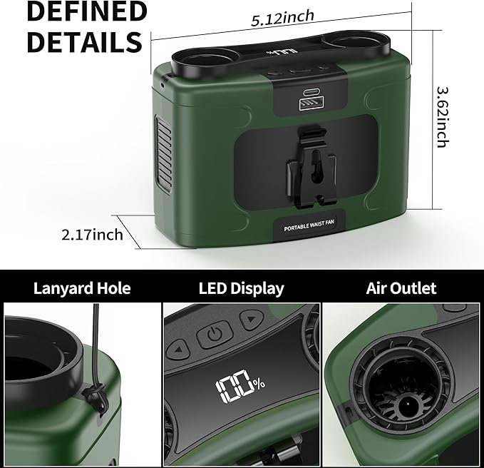 PANERGY 20000mAh Portable Waist Fan, Personal Fan Clip on with Rechargeable Battery operated, 40H Cooling,10 Speeds,16000RPM Hands-Free Belt Neck Fan for Outdoor Jobsite Gardening Camping Travel