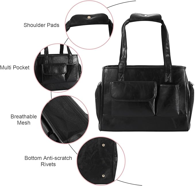 Dog Carrier Purse, Fashion Leather Pet Carrier Bag, Airline Approved Soft Sided Cat Travel Tote Bag with Pockets Black