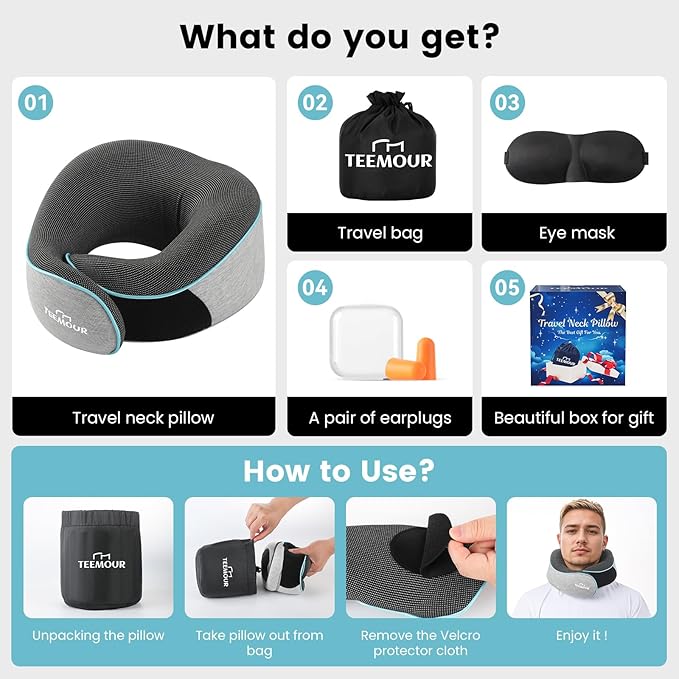 Upgraded Travel Pillow Memory Foam Neck Pillow Airplane- 360° Support Travel Pillows for Airplanes, With Eye Mask & Earplugs, Portable Carry Bag for Long Flights, Train| Best Travel Essentials