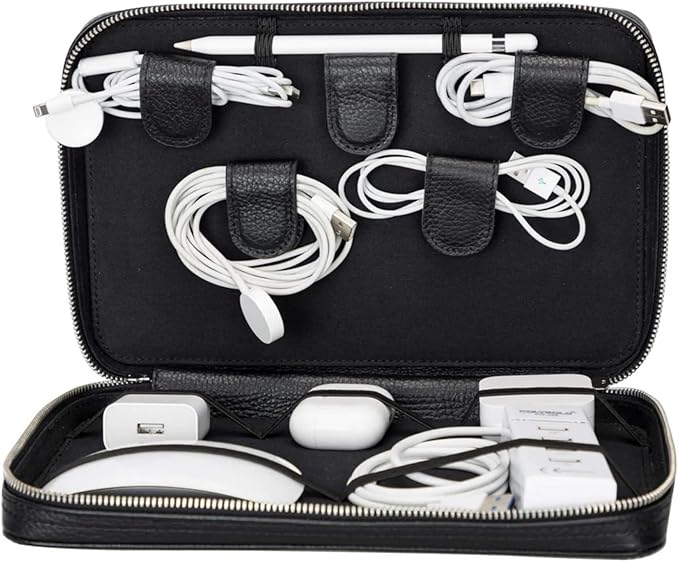 Medicine Handmade Leather Cable Organizer Bag – Full-Grain Leather Travel Tech Case for Cords, Chargers & Accessories – Zippered Storage for Men & Women (Black)