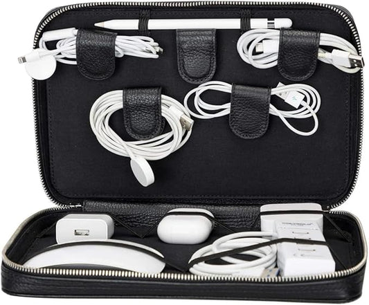 Medicine Handmade Leather Cable Organizer Bag – Full-Grain Leather Travel Tech Case for Cords, Chargers & Accessories – Zippered Storage for Men & Women (Black)