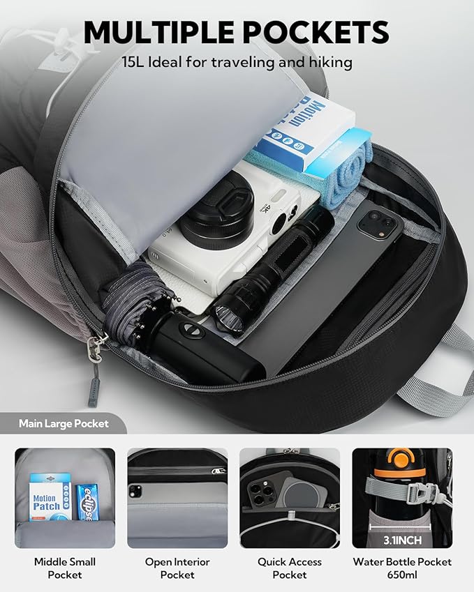 WATERFLY Small Lightweight Packable Backpack: 15L Mini Ultra Light Foldable Travel Daypack with Breathable Shoulder Strap Outdoor Hiking Camping Day Pack for Women Men Black