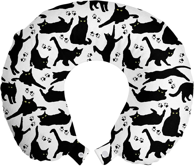 Ambesonne Cat Travel Pillow Neck Rest, Cats Yellow Eyes in Different Positions Paw Traces Playful Feline Animal, Memory Foam Traveling Accessory for Airplane and Car, 12", Black Charcoal