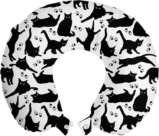 Ambesonne Cat Travel Pillow Neck Rest, Cats Yellow Eyes in Different Positions Paw Traces Playful Feline Animal, Memory Foam Traveling Accessory for Airplane and Car, 12", Black Charcoal