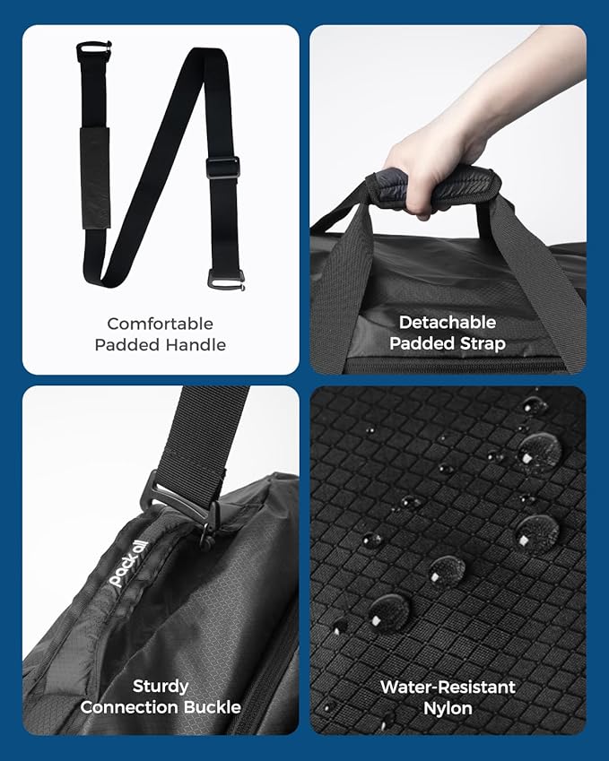 pack all 65L Foldable Travel Duffel Bag, Packable Weekender Bag with Shoe Compartment, Water-Resistant Gym Bag with Adjustable Strap for Overnight, Sports and Camping (Black)