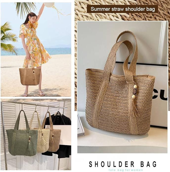 Straw Beach Bags for Women Woven Beach Tote Bag Casual Boho Large Shoulder Handbags Purse for Vacation Holiday