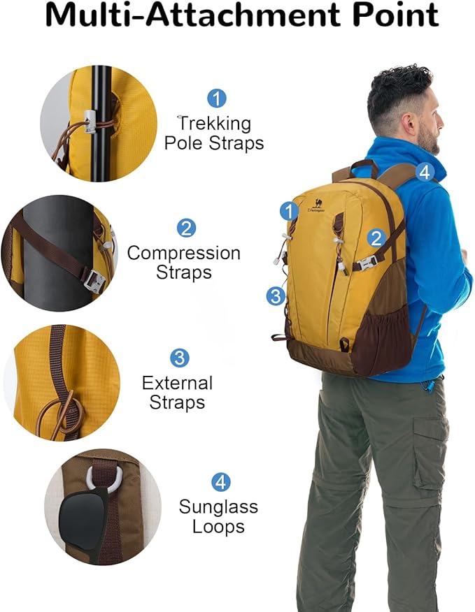 30L Small Waterproof Hiking Backpack with Chest Strap for Men Women, Lightweight Climbing Daypack, Yellow