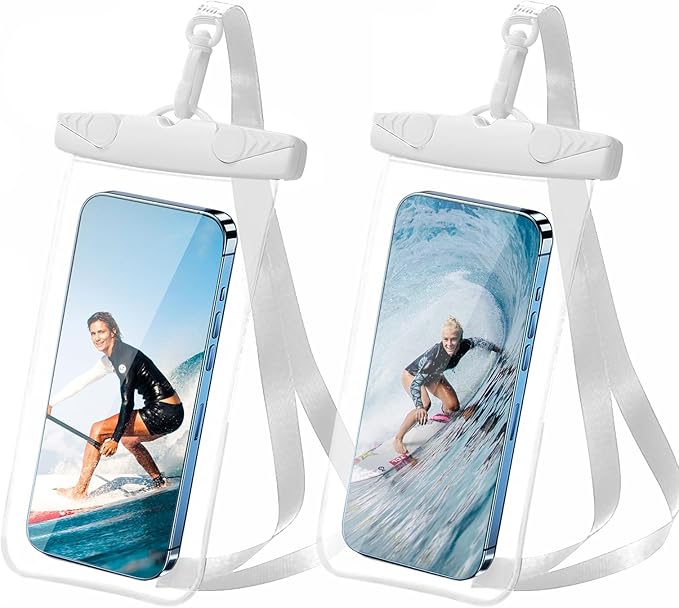 Waterproof Phone Pouch, New Lock Design Waterproof Phone case with Lanyard IPX8 Waterproof Dry Bag Universal Beach Cruise Essentials White