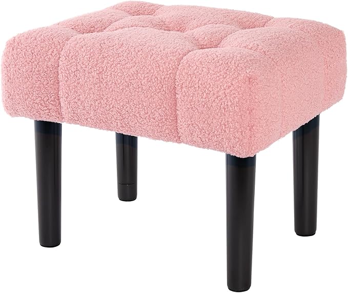 HOUCHICS Fur Padded Foot Stool, Small Ottoman Foot Rest with Wooden Legs,Modern Rectangle Chair Foot Rest Foot Step Stool for Living Room, Couch, Desk(Pink)