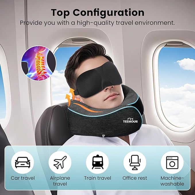 Teemour Upgraded Neck Pillow for Airplane Travel - 360° Support, Memory Foam Travel Pillow with Eye Mask & Earplugs, Portable Carry Bag for Long Flights/Car| Best Airplane Accessories Dark Grey