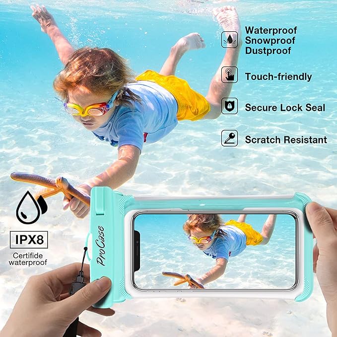ProCase 2 Pack Waterproof Phone Pouch, Underwater Phone Case Up to 7", Dry Bag for iPhone 17 Air 16 15 14 13 Pro Plus Max, Galaxy S24 S23 S22 Ultra Pixel, Beach Essentials -Green & Black