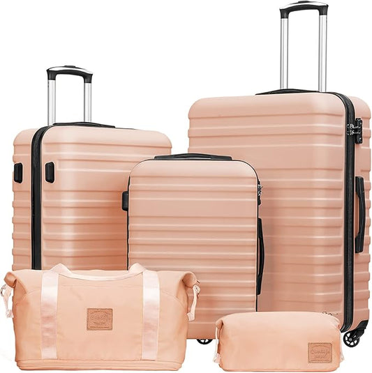 Coolife Suitcase Set 3 Piece Luggage Set Carry On Hardside Luggage with TSA Lock Spinner Wheels (Pink, 5 piece set)