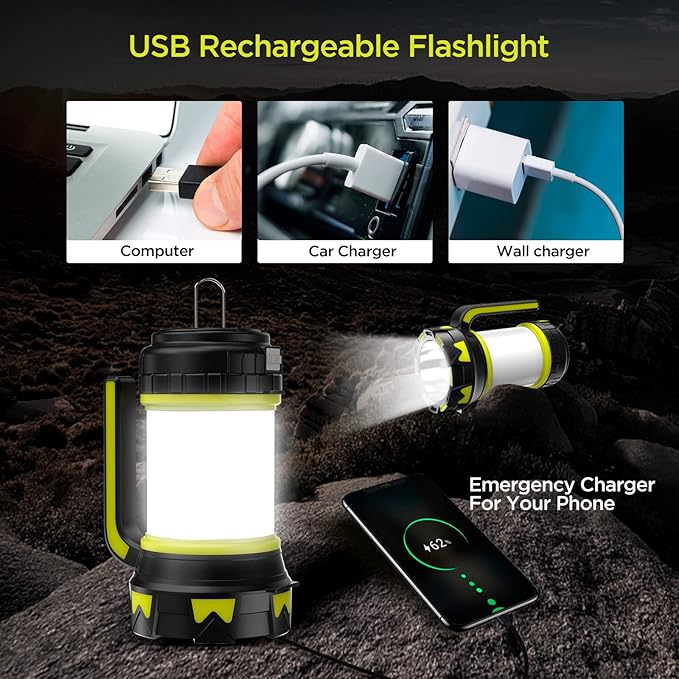 Rechargeable Flashlights Camping Lantern,6 Modes LED Bright Flashlight 3000mAh Battery, IPX4 Waterproof, Emergency Flashlight Lantern for Outdoor， Hurricane, USB Cable Included-1 Flashlight